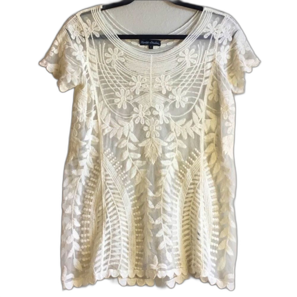 Coverup lattice lace mesh top floral short sleeve sheer feminine fairy S